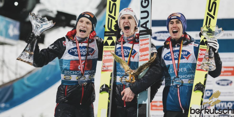 Jan Hörl, Daniel Tschofenig und Stefan Kraft, das Podium der Vierschanzentournee im vergangenen Winter